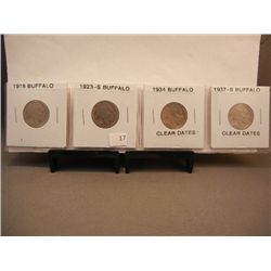 4 Buffalo Nickels 1918, 1923-S, 1934, 1937-S,