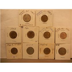 10 Jefferson Nickels 1938-P, D &S, 1939 D&S, (2) 1940-S, 1943, 1966, 2011-D