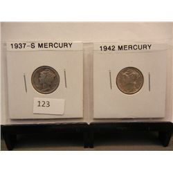 2- Mercury Dimes 1937-S & 1942