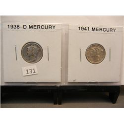 2- Mercury Dimes 1938-D & 1941