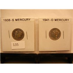2- Mercury Dimes 1938-S & 1941-D