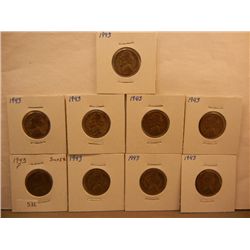 9-Wartime Jefferson Silver Nickels, 1943