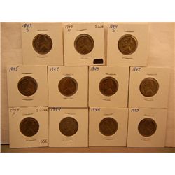 11-Wartime Jefferson Silver Nickels 1942, 1943-S, 1944, 1945-P, D, &S