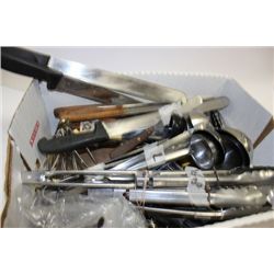 BOX OF COMMERCIAL KITCHEN UNTENSILS