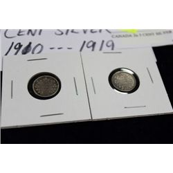 2 CANADA 5 CENT SILVER COINS 1910-19