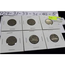 6 CANADA 5 CENT COINS,  1929,31,33,36,46,50