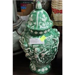 GREEN & WHITE LIDDED PURGATORY VASE