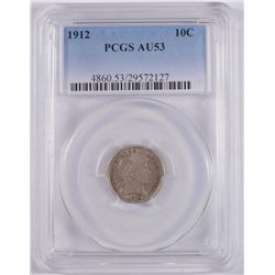 1912 BARBER DIME,. PCGS AU-53