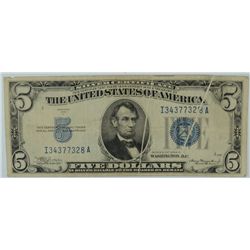 1934 $5 SILVER CERTIFICATE (MAJOR MINT ERROR-DOUBLE GUTTER FOLD)