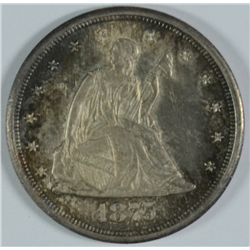 1875-CC TWENTY CENT PIECE, AU-58  GORGEOUS COLOR!