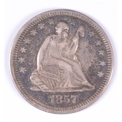 1857 SEATED QUARTER, XF+ ORIGINAL