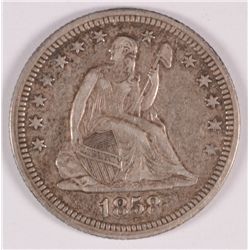 1858 SEATED QUARTER, XF/AU-45