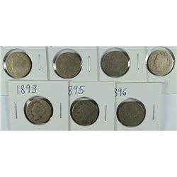 7-LIBERTY NICKELS 1884,1889,1891,1892,1893,1895,1896 AG/GOOD, SOME PROBLEMS