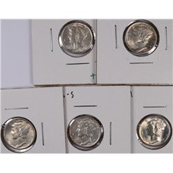 (5) BU MERCURY DIMES (35, 35-S, 36, 36-S, 37)