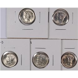 (5) BU MERCURY DIMES (37-D, 38, 38-D, 39-S, 40)