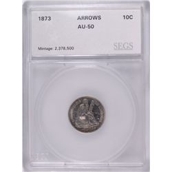 1873 SEATED DIME SEGS AU-50