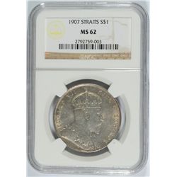 STRAITS SETTLEMENT 1907 DOLLAR, NGC MS-62  RARE IN HIGH GRADES!