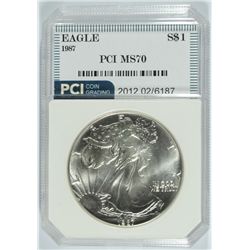 1987 AMERICAN SILVER EAGLE, PCI MS-70  RARE  TRENDS PRICE $2500.00