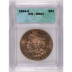 1886-S MORGAN SILVER DOLLAR, ICG MS-61 SUPER OBVERSE COLOR