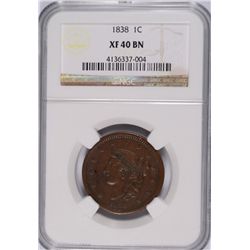 1838 LARGE CENT NGC XF-40 BN