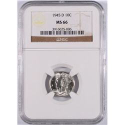 1945-D MERCURY DIME, NGC MS-66 BLAST WHITE!