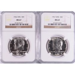 1966 & 1967 SMS KENNEDY HALF DOLLARS, BOTH NGC MS-67!