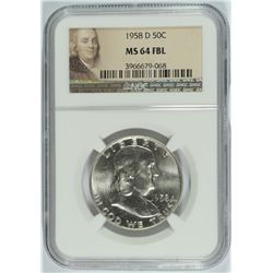 1958-D FRANKLIN HALF DOLLAR, NGC MS-64 FBL