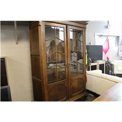 ANTIQUE DARK OAK DOUBLE GLASS DOOR CABINET