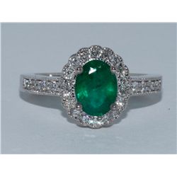 Emerald  1.21 ctw & Diamond Flower Ring 14KW