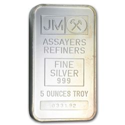 5 oz Johnson Matthey Silver Bar (Pressed, Plain Back) .999 Fine
