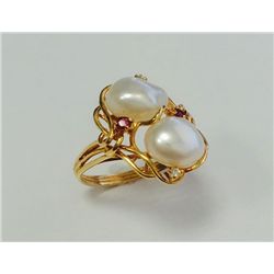 Diamond 0.04 ct, Pearl & Ruby 0.09 ct 14K YG Ring