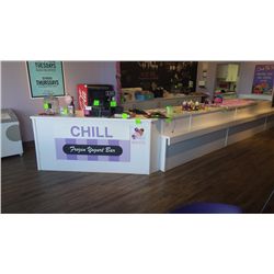 MELAMINE CASHIERS COUNTER WITH COUNTERTOP LEFT SIDE IS 82" AND RIGHT SIDE IS 63"