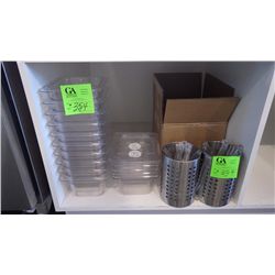 APPROX 16 PLASTIC CONTAINERS, 2 STAINLESS HOLDERS, 20 PLASTIC SPOONS, AND ONE PLASTIC TONGS