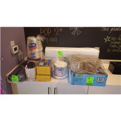 125 HINGED LID STYROFOAM CONTAINERS, APPROX 100 PAPER PLATES, APPROX 80 DIXIE CUPS, APPROX 80 LIDS, 