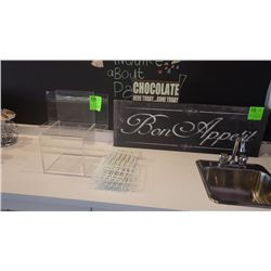 BON APPETIT CANVAS SIGN, SMALL CHOCOLATE SIGN, AND TWO PLASTIC DISPLAYS
