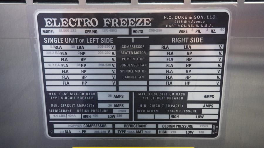 ELECTRO FREEZE MODEL SL 500 232 YOGURT DISPENSING FREEZER. THESE