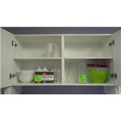 2 LARGE MEASURING CUPS, 2 STRAINERS, 9 SQUEESE BOTTLES, 6 BOWLS