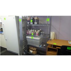 3 PLASTIC BINS  WITH LIDS AND APPROX 37 BOTTLES OF MAGICAL  FLAVORING, AND 3 LARGE BOTTLES OF FLAVOR