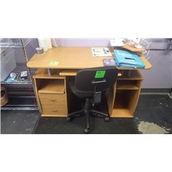 FOUR FOOT DESK WITH SLIDING KEYBOARD TRAY DRAWERS AND SHELFS, WITH CHAIR