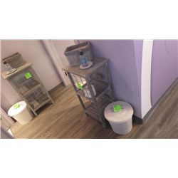DISTRESED WOOD FINISHED BATHROOM SHELF UNIT WITH SLIDE OUT BASKETS, SOAP DISPENSER, AND GARBAGE PAIL