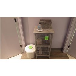 DISTRESED WOOD FINISHED BATHROOM SHELF UNIT WITH SLIDE OUT BASKETS, SOAP DISPENSER, AND GARBAGE PAIL