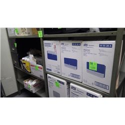 3 UNUSED TOILET PAPER DISPENSERS, 13 GRILL BRICKS, FILING CABINET, BOX OF MISC LIDS AND CLOTHS