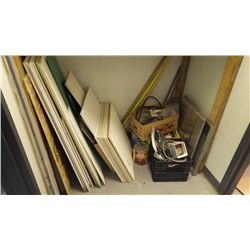 2 METAL SHELVING UNITS 49" X 76", 2 TAYMOR DOOR CLOSERS, BOXES OF XMAS DECORATIONS, AND MISC DRYWALL