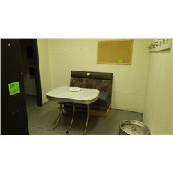 LUNCHROOM BOOTH, TABLE, CLOCK, AND CORK BOARD