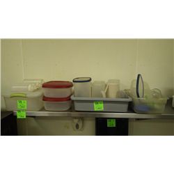 MISC PALASTIC WATER JUGS, PLASTIC CONTAINERS, BOTTLES, AND TRAY