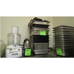 6 ASSORTED STAINLESS CONTAINERS AND 4 PLASTIC CONTAINERS