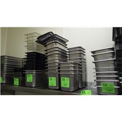 13 SQUARE STAINLESS CONTAINERS, 11 RECTANGULAR STAINLESS CONTAINERS AND 6 LIDS