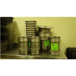 10 RECTANGULAR STAINLSS POTS, FOUR SMALLER ROUND STAINLESS POTS, AND THREE LARGER ROUND STAINLESS PO