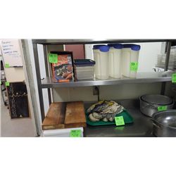 6 PLASTIC CUTTING BOARDS, ONE WOOD CUTTING BOARD, PLASTIC CONTAINERS, AND GLOVES