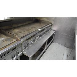 72" X 32" STAINLESS STEEL NATURAL GAS FLAT TOP GRILL WITH TABLE ON WHEELS